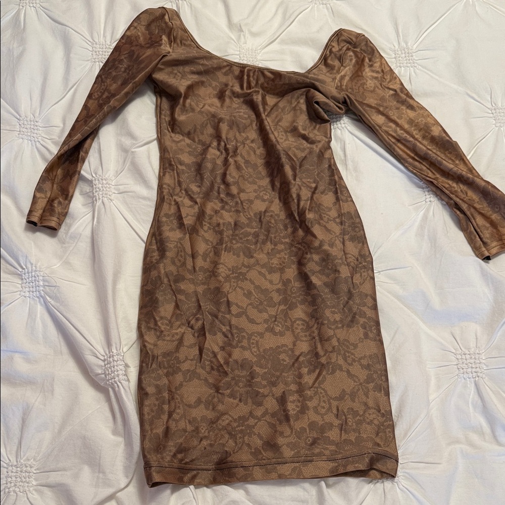 Brown Flower-Print Long Sleeve Bodycon Dress